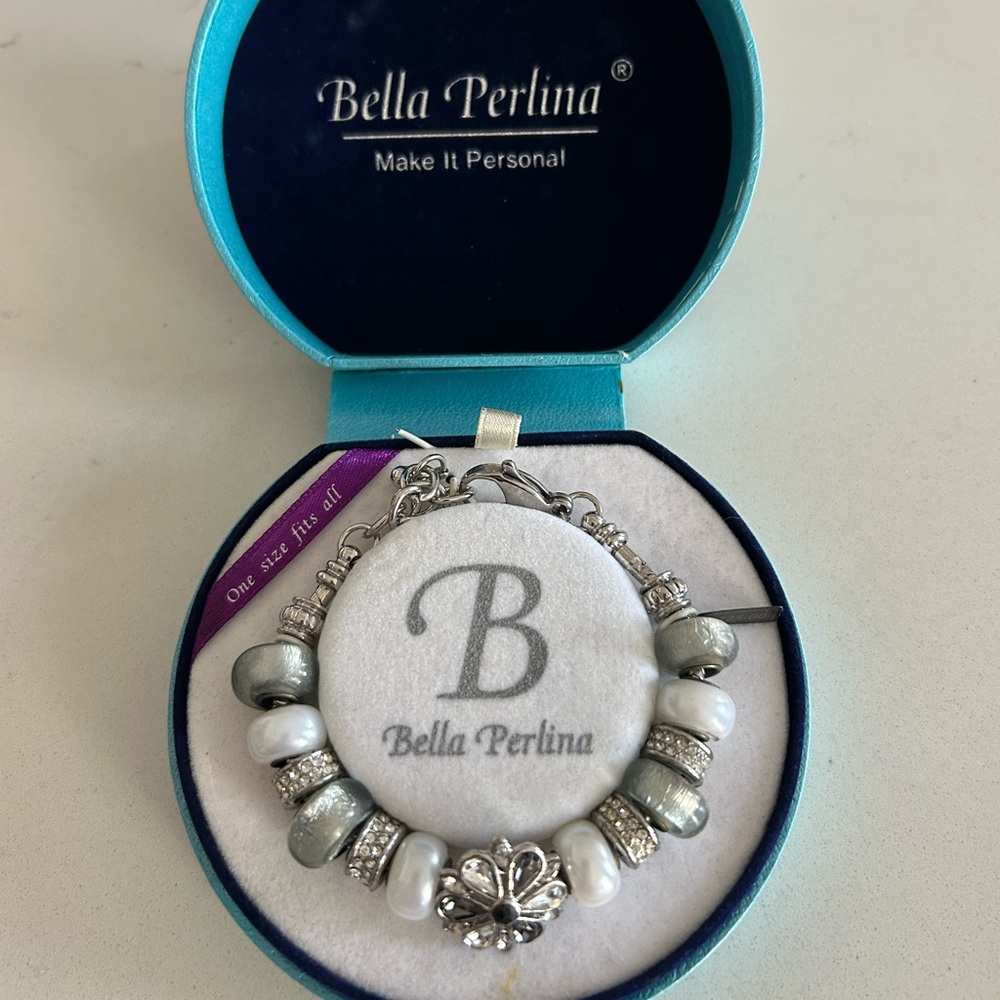 Bella Perlina Silver & White Beaded Bracelet with Flower Charm